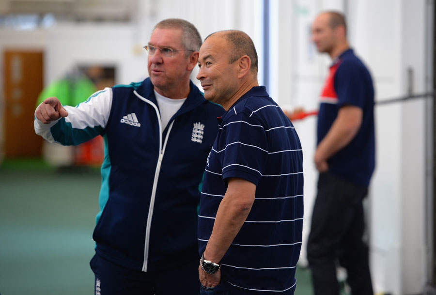 Trevor Bayliss chats with fellow Australian and England rugby coach Eddie Jones at Lord's on Tuesday.