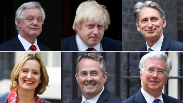 Theresa May named six cabinet members on Wednesday; David Davis, Boris Johnson, Philip Hammond, Michael Fallon, Liam Fox and Amber Rudd (clockwise from top left)