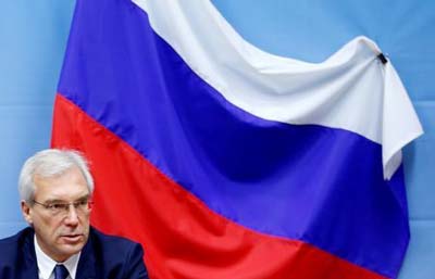 Russian ambassador to NATO Alexander Grushko addresses a news conference after the NATO-Russia Council at the Alliance headquarters in Brussels, Belgium.