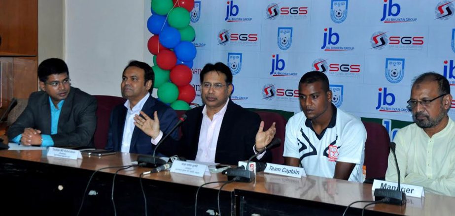 Senior Vice-President of Bangladesh Football Federation (BFF) and Chairman of the Professional Football League Committee of BFF Abdus Salam Murshedy speaking at a press conference at the conference room of BFF House on Thursday.