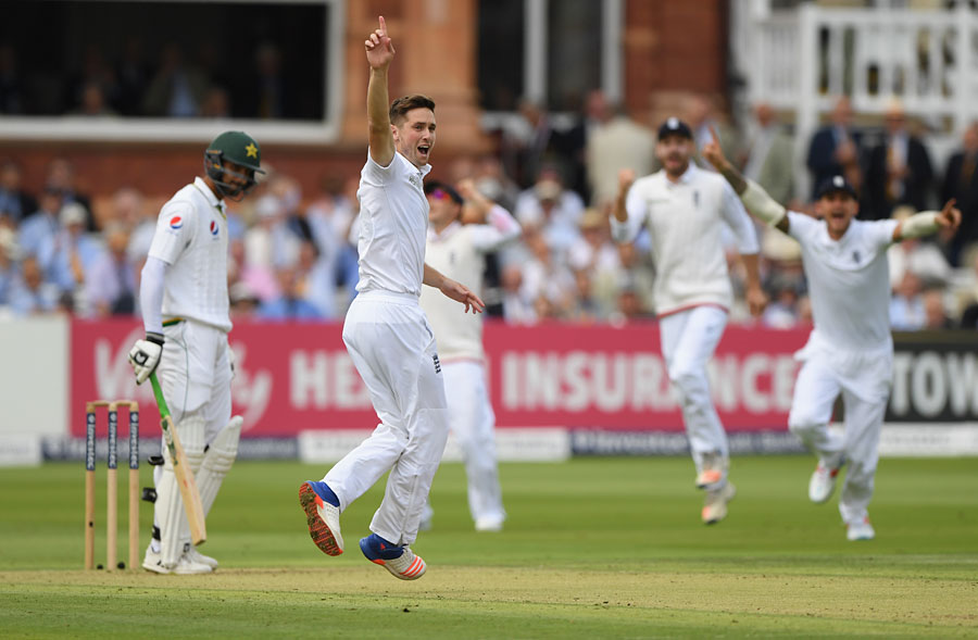 Chris Woakes struck in his second over to remove Shan Masood during the 1st day of the 1st Investec Test between England and Pakistan at Lord's on Thursday.