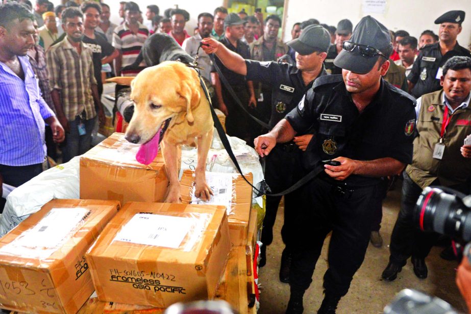 Dog squad deployed by the Civil Aviation Authority for scanning the cartons of imported items at Hazrat Shahjalal International Airport cargo section on Thursday as part of the extra security alert at all airports.