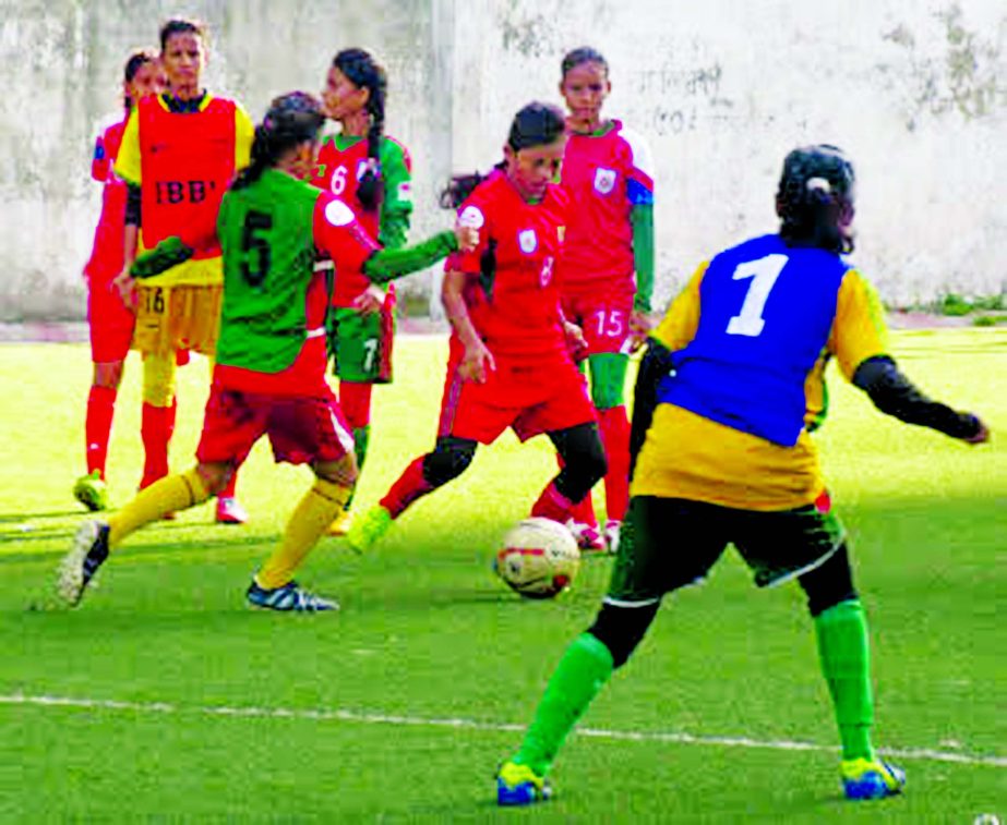 Players of Bangladesh National Women's Under-16 Football team during their practice session at the BFF Artificial Turf adjacent to the BFF House on Friday.