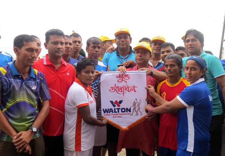 General Secretary of Cox's Bazar Sports Association Anup Barua Apu inaugurating the Walton Beach Throwball Competition by releasing the balloons as the chief guest at the Laboni Point in Cox's Bazar Sea Beach on Saturday.