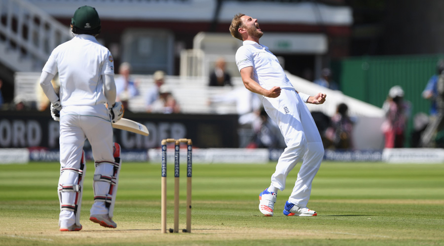 England bowler Stuart Broad celebrates after dismissing Pakistan batsman Mohammad Hafeez during day three of the 1st Investec Test match between England and Pakistan at Lord's Cricket Ground in London, England on Saturday.