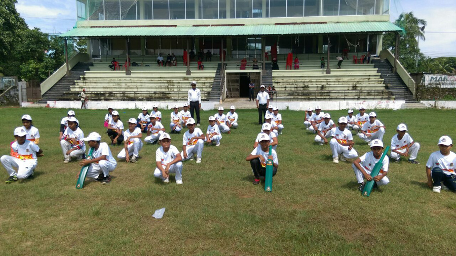 Children take part in an under-12 cricket camp in Cox's Bazar on Saturday.