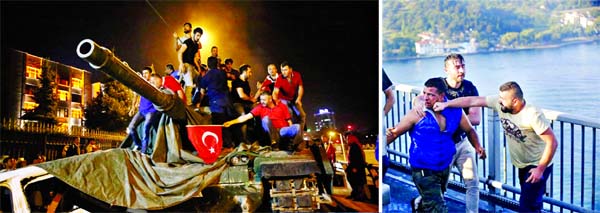 People stand on a Turkish army tank in the capital Ankara (Left). A civilian beats a soldier after troops involved in the coup surrendered on the Bosphorus Bridge in Istanbul, Turkey July 16, 2016. Internet photo