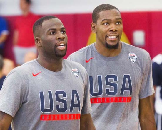 Golden State Warriors teammates Draymond Green (left) and Kevin Durant work through shooting drills during Team USA basketball practice in Las Vegas on Monday.