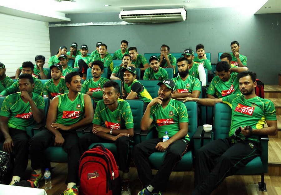 Members of Bangladesh Cricket team during their theoretical session at the Sher-e-Bangla National Cricket Stadium in Mirpur on Wednesday.