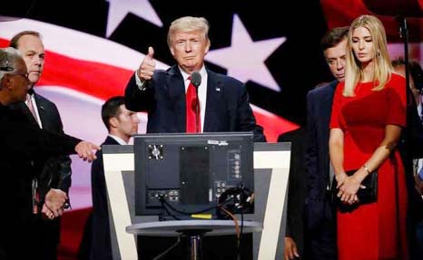Donald Trump gives a thumbs up at the Republican National Convention in Cleveland, US on Thursday.