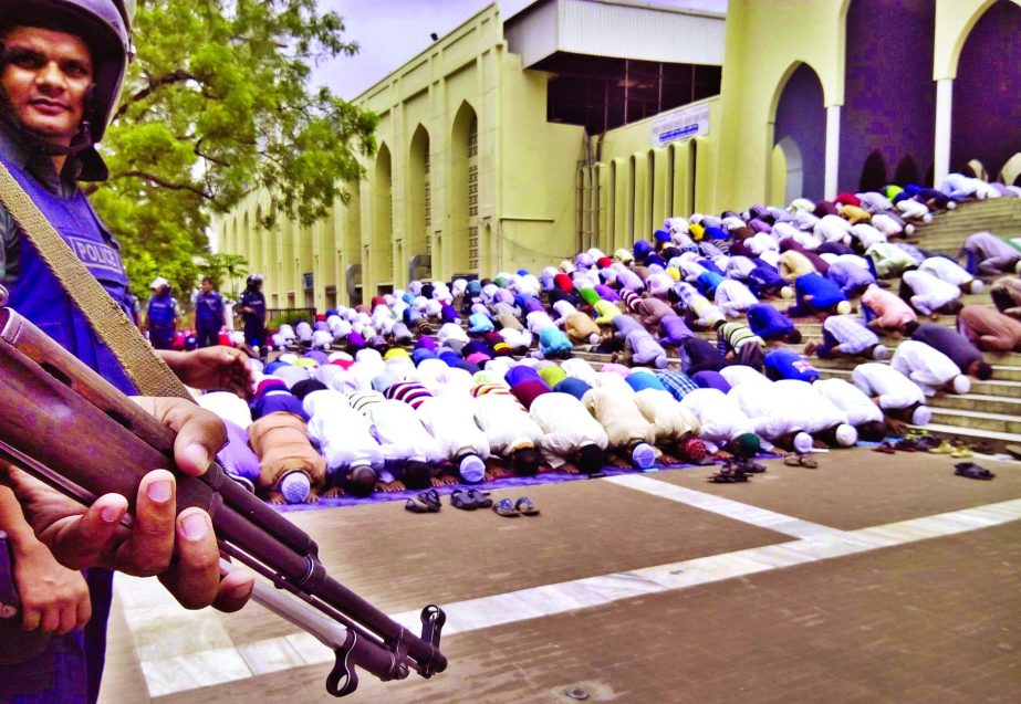 Security measures beefed up around the mosque across the country. This photo was taken from in front of the Baitul Mukarram National Mosque during the Juma prayers yesterday.
