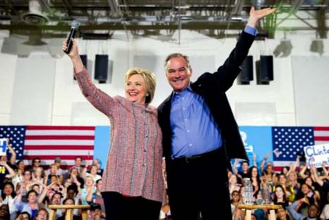 Hillary Clinton and Tim Kaine during a campaign rally at Ernst Community Cultural Center in Virginia, US.