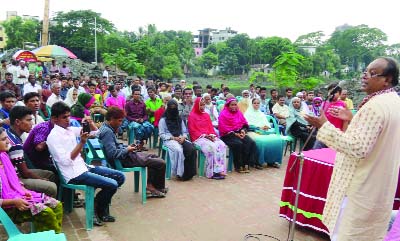 KISHOREGANJ: Adv Bhupendra Voumik, Presidium Member of Gonotantrik Party speaking at a rally at Kishoreganj Kalibari area against terrorism on Thursday.