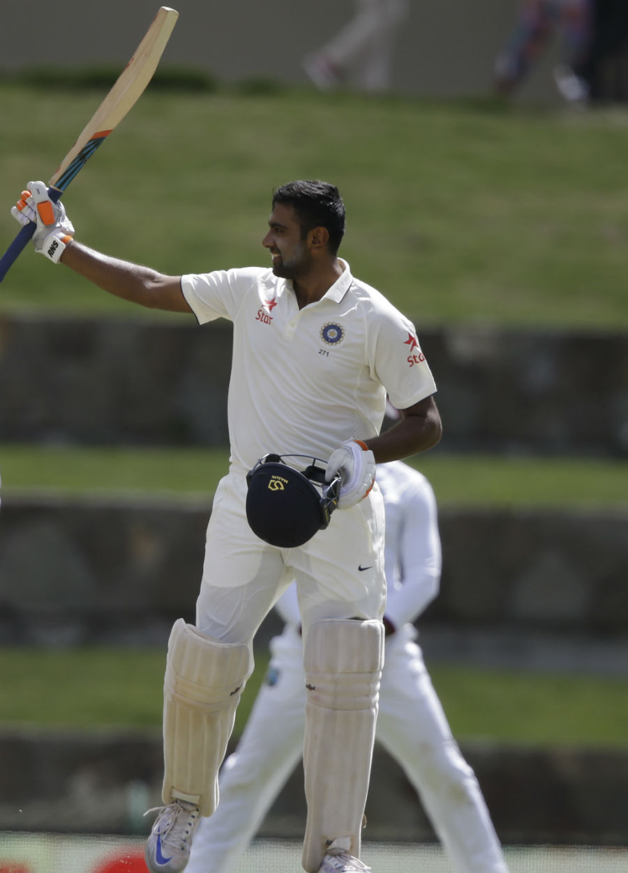 R Ashwin soaks in the applause after scoring his third Test century on the 2nd day of 1st Test between West Indies and India at Antigua on Friday.