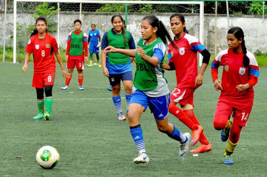 Members of Bangladesh National Women's Under-16 Football team taking part at their practice session at the BFF Artificial Turf on Saturday.