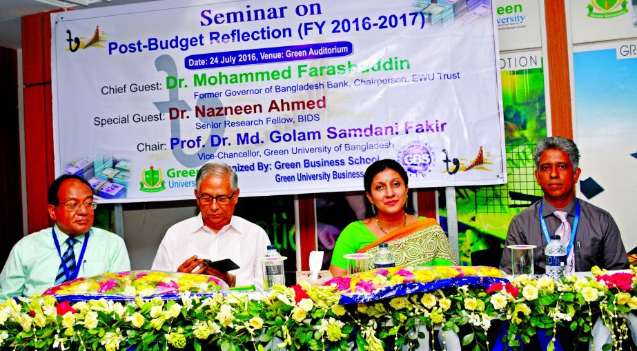 Professor Dr. Md. Golam Samdani Fakir, Vice Chancellor of Green University of Bangladesh, presiding over a seminar on "Post Budget Reflection on National Budget 2016-17" at its Green Business School auditorium on Sunday. Dr. Mohammad Farasuddin, Chairma