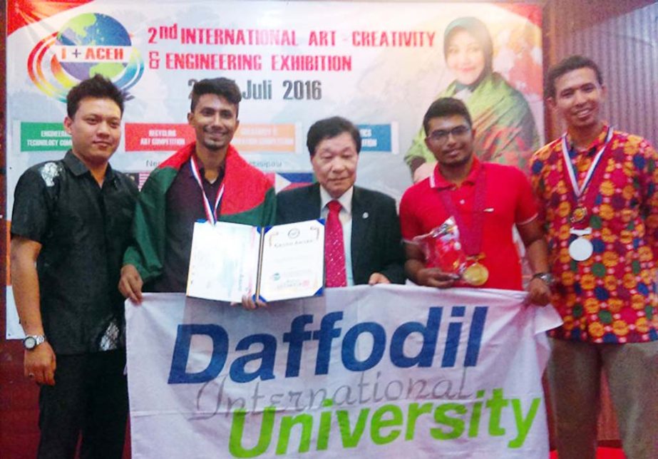 Md. Hasib Mahmud Rabby, Department of Electrical and Electronic Engineering and Md. Towfiqul Alom, Department of Computer Science and Engineering of Daffodil International University are seen with award won at the 2nd International Art Creativity and Engi