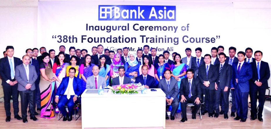 Md. Arfan Ali, Additional Managing Director of Bank Asia Ltd, poses with the participants of the 38th Foundation Training Course of the Bank on Sunday in the city. Mian Quamrul Hassan Chowdhury,DMD, Sazzad Hossain,SEVP, Imran Ahmed, EVP and Md. Azharul I