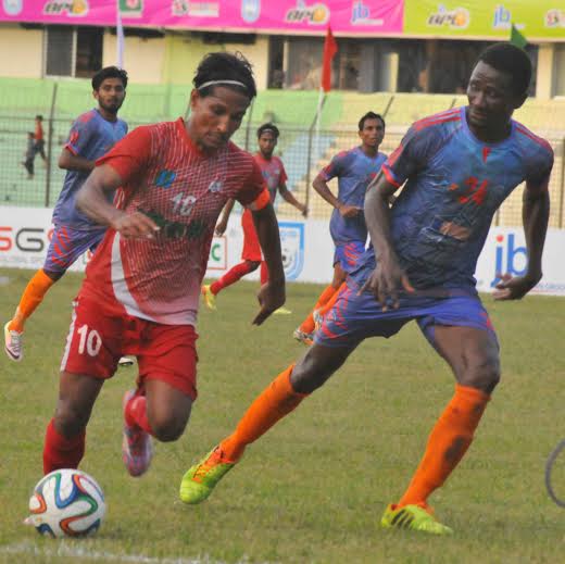 A moment of JB Bangladesh Premier League (BPL) Football match between Brothers Union and Soccer Club, Feni at MA Aziz Stadium in Chittagong on Tuesday.