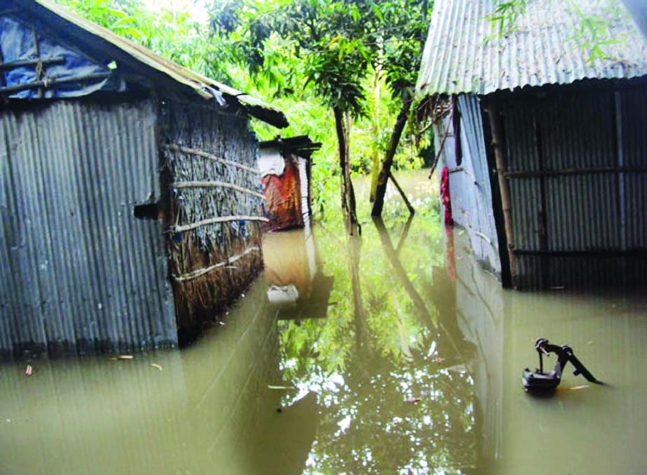 GANGACHARA (Rangpur): Houses and tube-well are submerged in Gangachara Upazila as water level of Teesta River rises. This picture was taken from Soudpara area in Kolkondo Union on Wednesday.