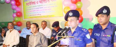 KULAURA(Moulvibazar): Md Shah Jalal, SP, Moulvibazar speaking at a view exchange meeting on militancy as Chief Guest organised by Kulaura Community Policing Committee on Monday.