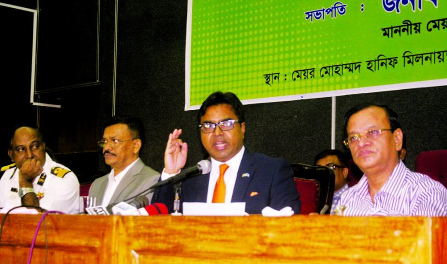 Dhaka South City Corporation (DSCC) Mayor Mohammad Sayeed Khokon speaking at the budget declaration programme of DSCC for 2016-2017 fiscal year at Mayor Mohammad Hanif Auditorium of the Nagar Bhaban on Thursday.