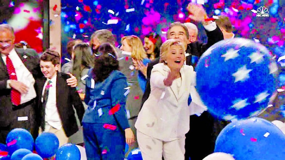 Hillary Clinton and friends celebrate nomination with balloons.