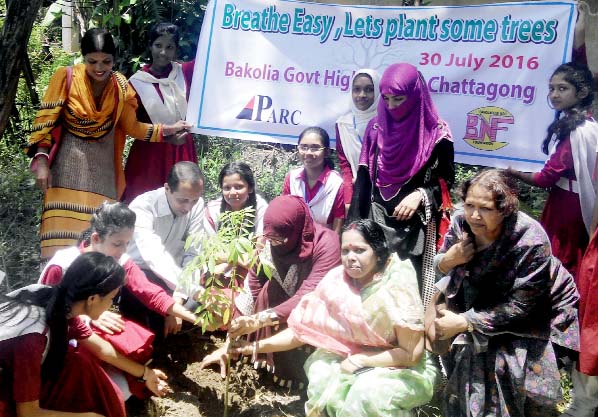 Farzana Parvin, Councillor, CCC inaugurating tree plantation programme at Bakolia Government High School premises as Chief Guest yesterday.