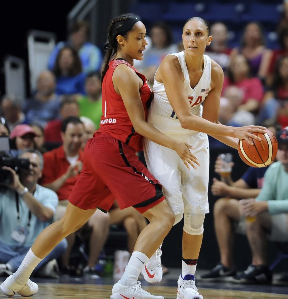 United States' Diana Taurasi keeps the ball from Canada's Nayo Raincock-Ekunwe during the first half of an exhibition basketball game in Bridgeport, Conn on Friday.