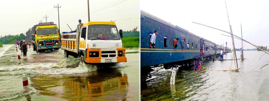 Floods snap Jamalpur-Dewanganj train service (right) and Highway (left) creating risky in movement of vehicular traffic on Saturday.