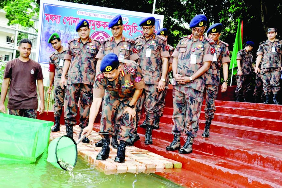 Director General of BGB Major General Aziz Ahmed, BGBM, PBGM, psc, G releasing fish fries in the pond of BGB Headquarters in the city on Sunday as part of fish fries releasing programme.