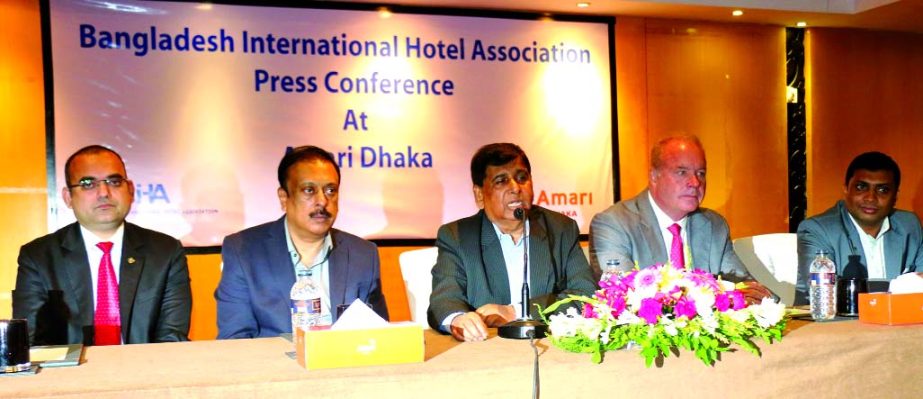 Hakim Ali, President of Bangladesh International Hotel Association (BIHA), speaking at a press conference at Amrai Dhaka Hotel in the capital on Sunday.