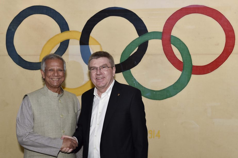 Nobel Peace Laureate Professor Muhammad Yunus with Thomas Bach President of the International Olympic Committee [IOC] at its headquarters in Lausanne, Switzerland in January this year.