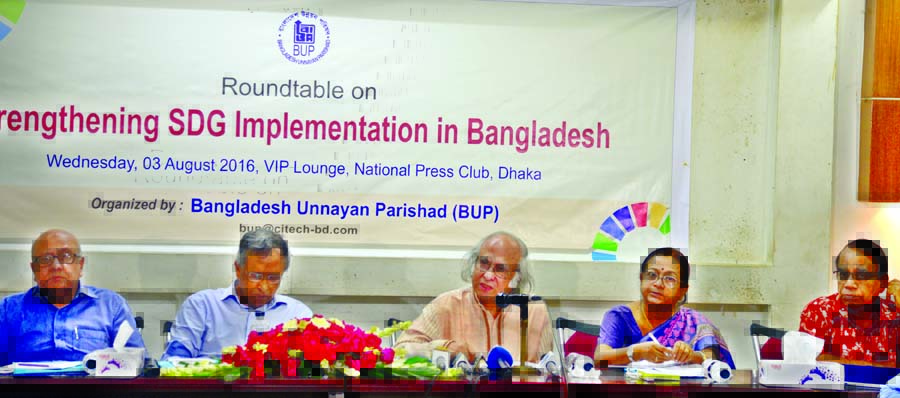 Economist Dr Kazi Khaliquzzaman speaking at a roundtable on 'Strengthening SDG Implementation in Bangladesh' organised by Bangladesh Unnayan Parishad at the Jatiya Press Club on Wednesday.