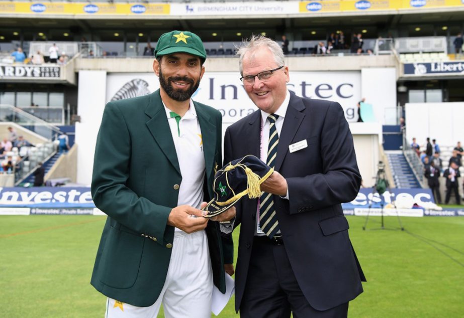 Pakistan captain Misbah-ul-Haq is presented with a commemorative cap by Warwickshire chairman Norman Gascoigne ahead of day one of the 3rd Investec Test between England and Pakistan at Edgbaston in Birmingham, England on Wednesday.