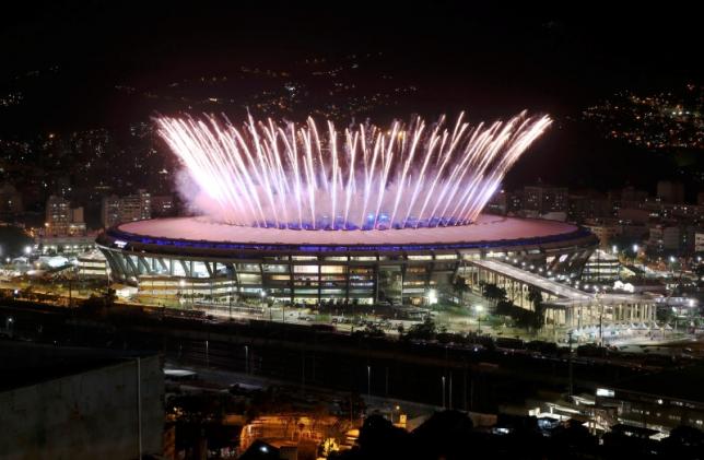 2016 Rio Olympics - Opening Ceremony - Maracana - Rio de Janeiro, Brazil - 05082016. The Maracana Olympic Stadium during the opening ceremony is seen from the Mangueira favela. ReutersPilar Olivares