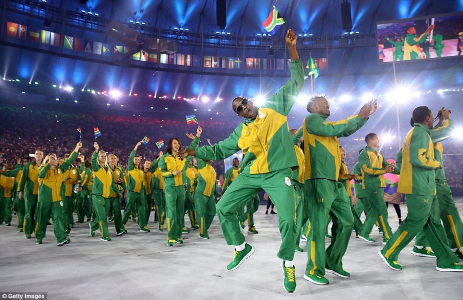 The South African team were certainly having fun as they made their entrance in the openning ceremony on Saturday morning.