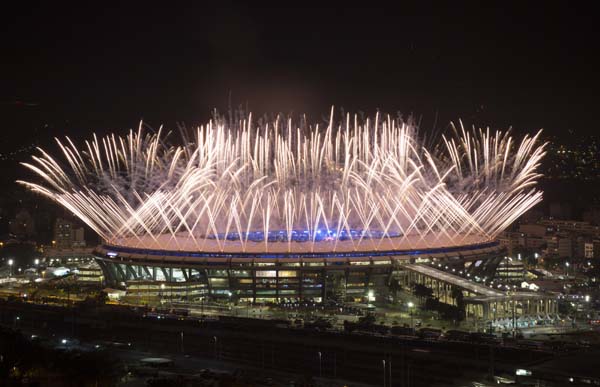 Fireworks explode above the Maracana stadium during the opening ceremony of the Rio's 2016 Summer Olympics in Rio de Janeiro, Brazil on Saturday morning.