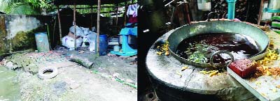 BARISAL : Children foods are made in unhygienic way by using used oil in a factory in Banaripara. This picture was taken on Saturday.