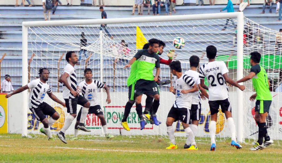 A view of the match of the JB Group Football between Dhaka Mohammedan Sporting Club Limited and Team BJMC at the Bir Muktijoddha Rafiq Uddin Bhuiyan Stadium in Mymensingh on Sunday.