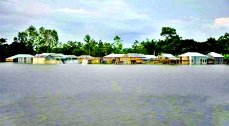 Flood-affected area of Umarpur Union under Chowhali upazila in Sirajganj district. This picture was taken on Sunday.