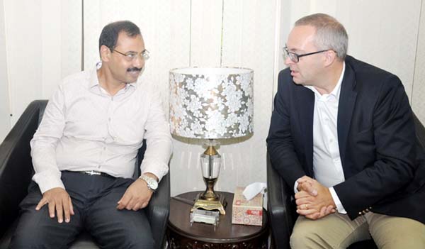 CCC Mayor AJM Nasir Uddin exchanging views with Swedish Ambassador Johan Frisell during a courtesy call recently.