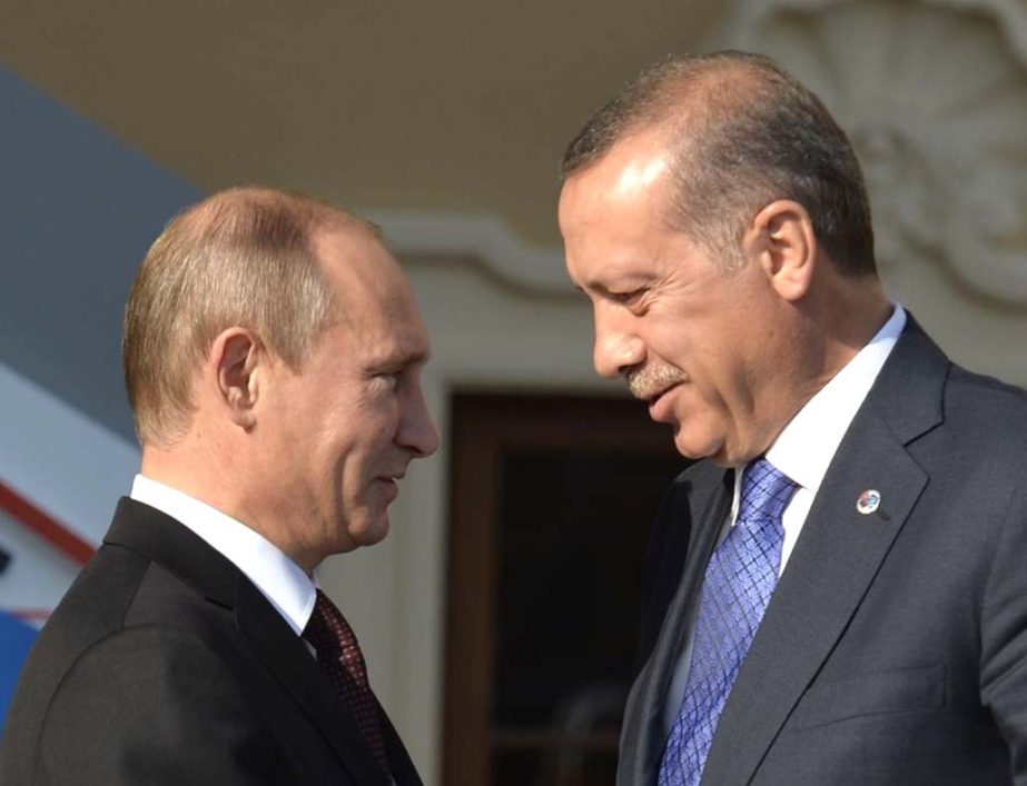 Turkish President Recep Tayyip Erdogan (R) jets into Russia on Tuesday for a meeting with his counterpart Vladimir Putin.