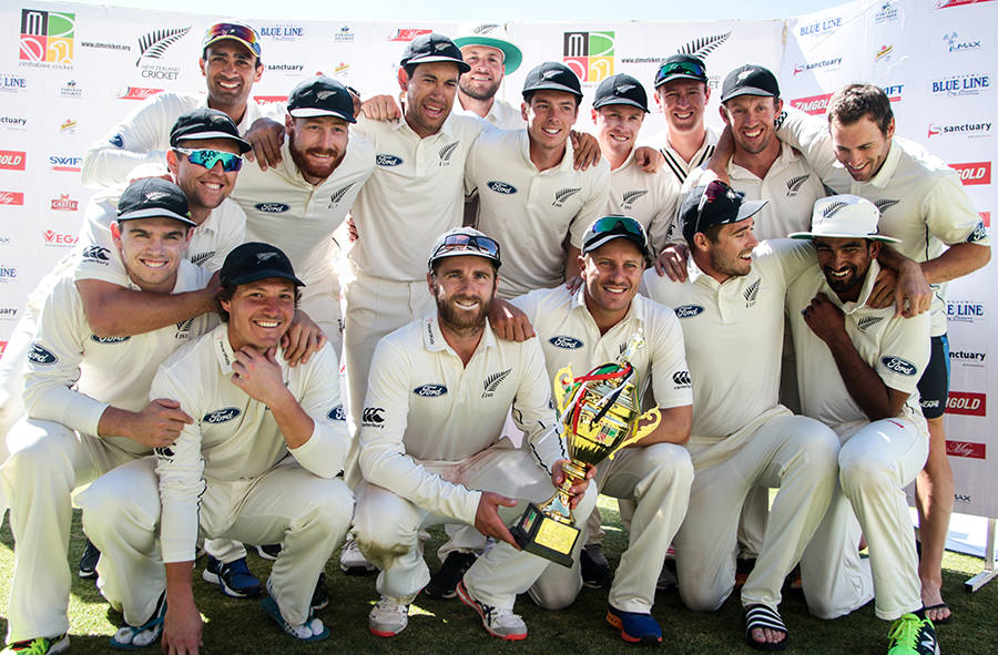New Zealand pose with the trophy after sweeping the series 2-0 against Zimbabwe after 5th day of 2nd Test at Bulawayo on Wednesday.