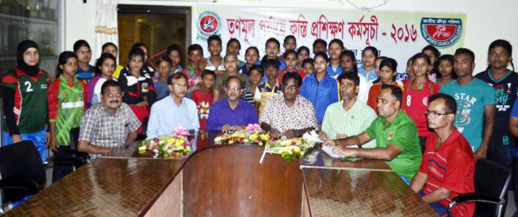 The participants of the grass root level under-16 wrestler training & selection programme and the officials of Bangladesh Amateur Wrestling Federation and the officials of Rajshahi District Sports Association pose for a photograph at the Liberation War St