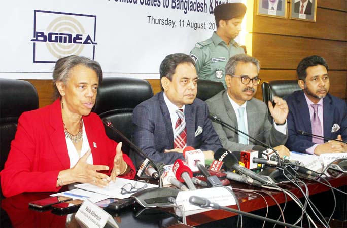 US Ambassador to Bangladesh Marcia Bernicat addressing a view exchange meeting organised by the Bangladesh Garment Manufacturers and Exporters Association (BGMEA) in the city on Thursday.