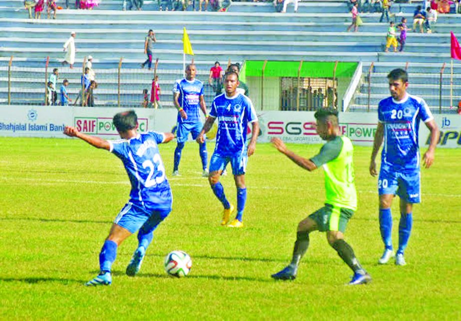An exciting moment of the match of the JB Group BPL Football between Sheikh Russel Krira Chakra and Team BJMC at the Bir Muktijoddha Rafique Uddin Bhuiyan Stadium in Mymensingh on Friday.