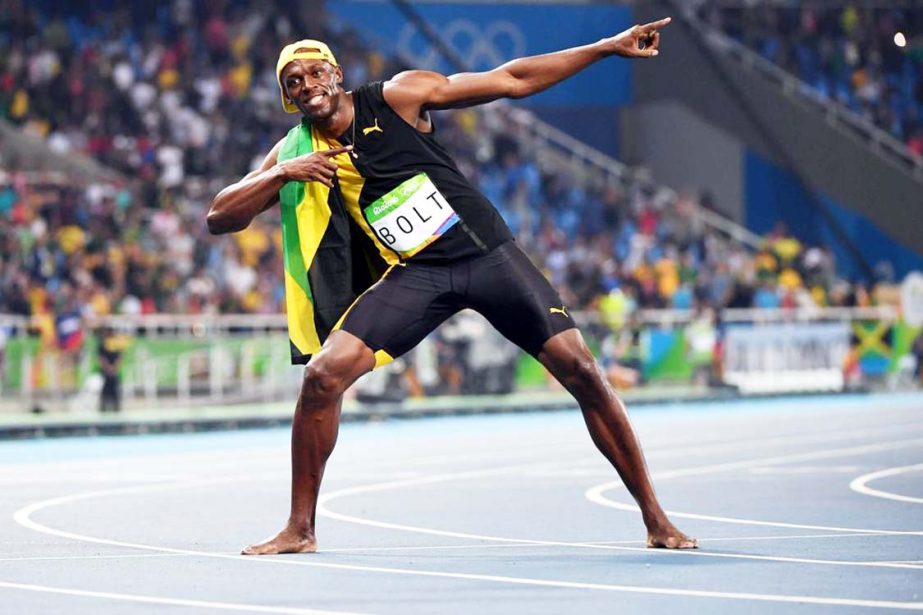 Jamaica's Usain Bolt celebrates after winning the men's 100-meter final during the athletics competitions of the 2016 Summer Olympics at the Olympic Stadium in Rio de Janeiro, Brazil on Sunday.