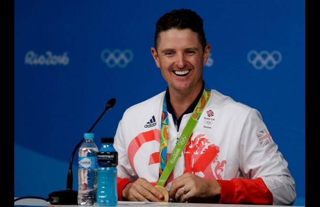 Gold medalist Justin Rose of Great Britain in the men's golf event speaks to the media during a news conference at the 2016 Summer Olympics in Rio de Janeiro, Brazil on Sunday.
