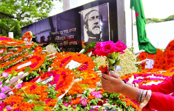 Portrait of Bangabandhu Sheikh Mujibur Rahman was bedecked with flowers at Dhanmondi-32, Bangabandhu Bhaban, marking the 41st National Mourning Day on Monday.